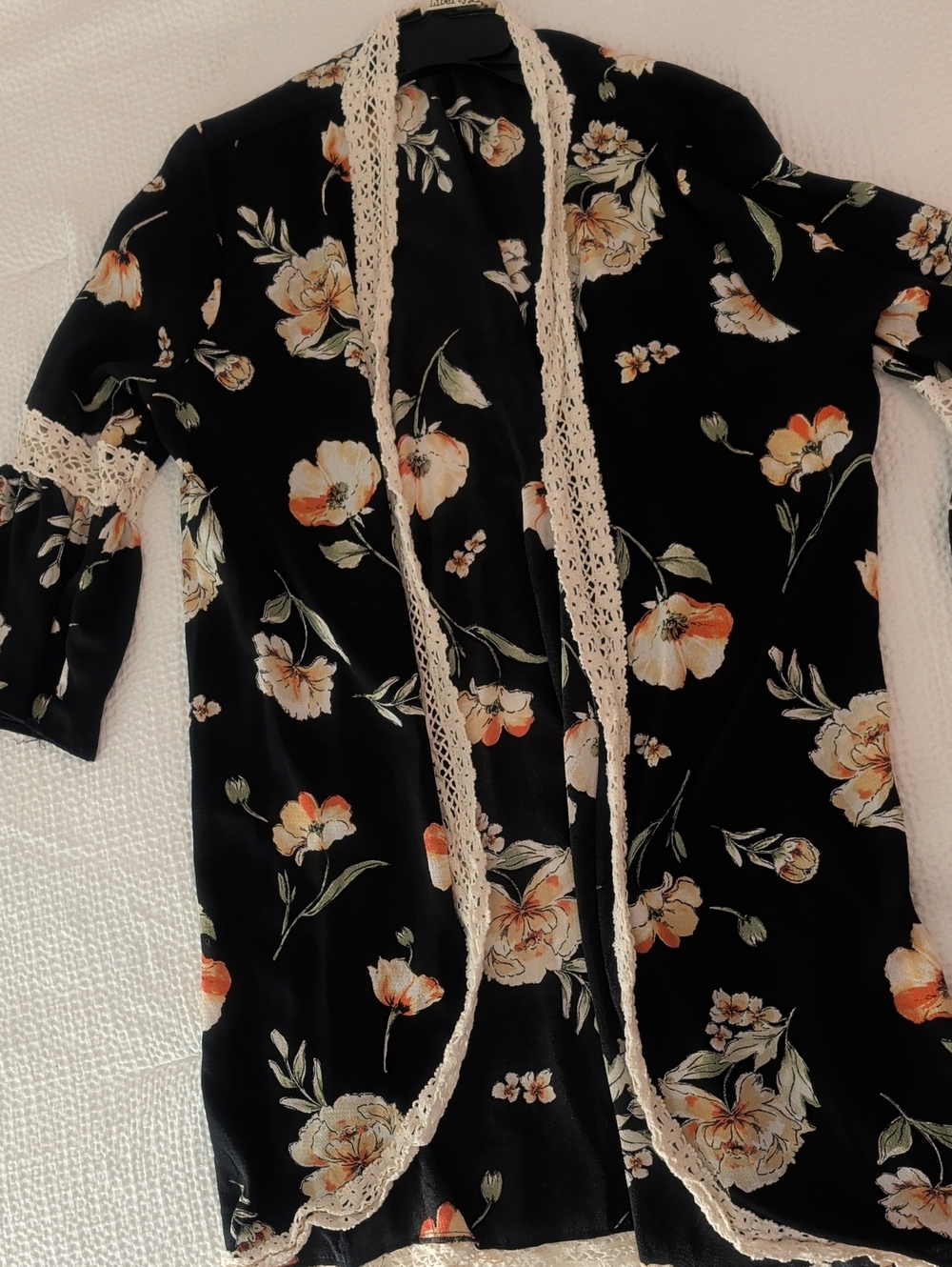 Liberty Love Black Floral Open-Front Kimono with Peach Accents